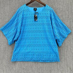JM Collection Blouse Womnes Plus Size 2X Blue Pullover Short Sleeve Perforated